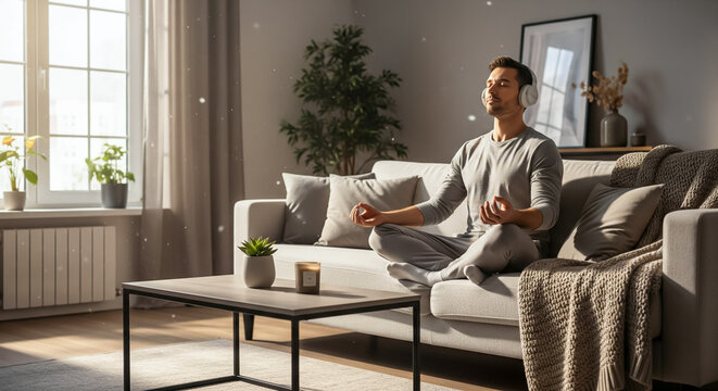 Home meditation. Yoga calmness. Audio relax. Wellness leisure. Peaceful serene man listening to chill music in earphones in lotus pose on cozy sofa in living room free space.