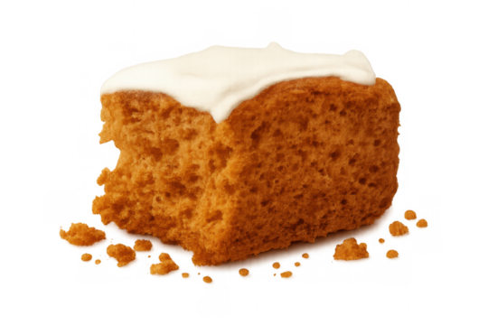 Delicious baked cake slice with white icing and crumbs, sweet dessert pastry food, isolated with transparent background