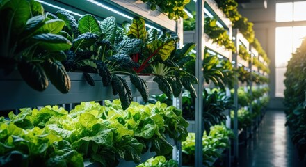 Vertical farm, layered with fresh produce.  Rows of plants in  shelving.  Sunlight streams in