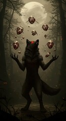 Bipedal wolf creature conjures unsettling, broken human faces under a pale moon in a dark woodland setting