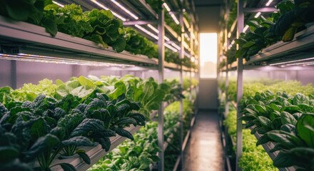 Vertical farm interior, rows of leafy greens under LED lights