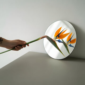 Hand Holding Bird of Paradise Reflection