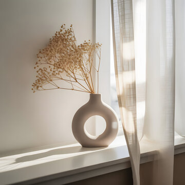 Round Vase with Dried Branches by the Curtain