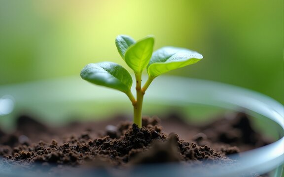 Close-up of a seedling in a petri dish, representing research in plant genetics and molecular biology, emphasizing the role of biotechnology in plant breeding and the future of agriculture