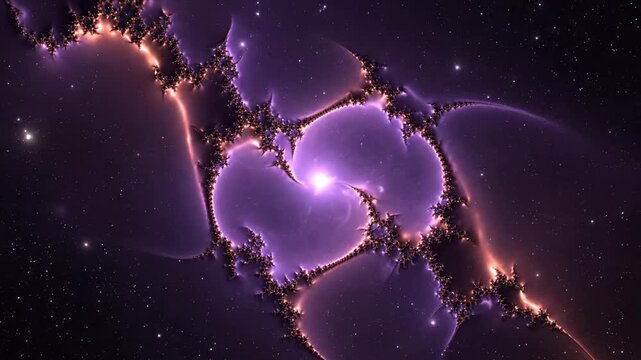 Mesmerizing purple and orange fractal nebula in deep space with glowing stars an abstract cosmic universe background animation perfect for sci-fi and technology