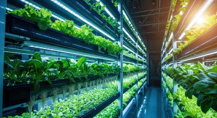 Vertical hydroponic farm, rows of plants lit by LEDs