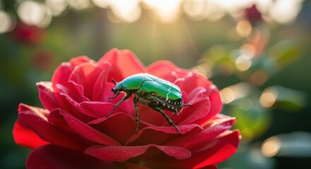 Vibrant emerald beetle on a crimson rose