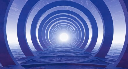 Endless sequence of illuminated blue rings creates an abstract aquatic tunnel effect toward bright light