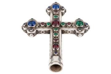 Ornate antique silver cross with colorful gemstone inlays isolated on a transparent background