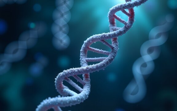 A conceptual image of futuristic medical biotechnology featuring a floating D gene sequence. High quality