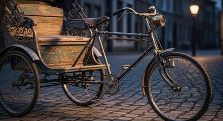 Vintage rickshaw on cobblestone street at dusk