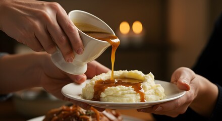 Serving gravy over mashed potatoes on a plate indoor table setting