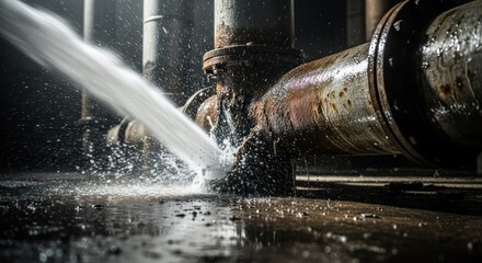 Water gushing from industrial pipes