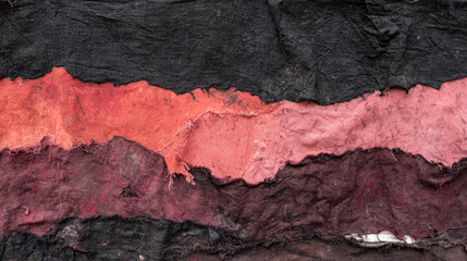 Fototapeta premium Abstract Textile Art: Layered and Torn Fabric in Black, Red, and Pink, Creating a Textured and Distressed Background for Creative Projects