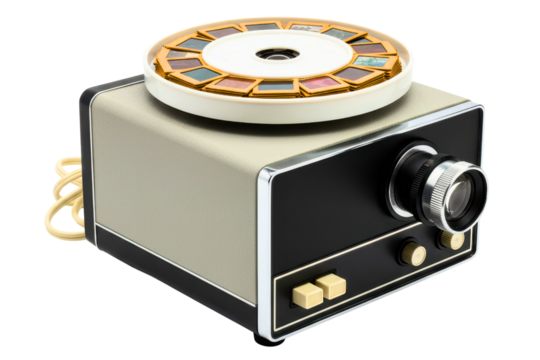 Vintage slide projector with a circular slide holder isolated on a transparent background