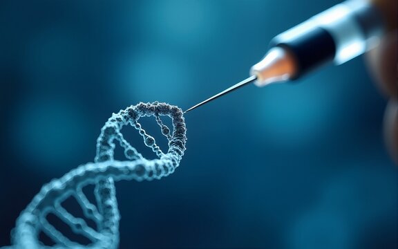 A close-up of a syringe injecting a strand of DNA, representing advanced genetics and biotechnology concepts. High quality