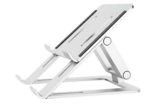 Adjustable aluminum ergonomic stand for a portable computer isolated on a transparent background - Powered by Adobe