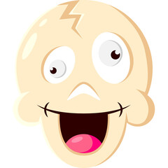 Cartoonish light yellow skull character with wide open mouth and playful expression and black stitches for smile on transparent background