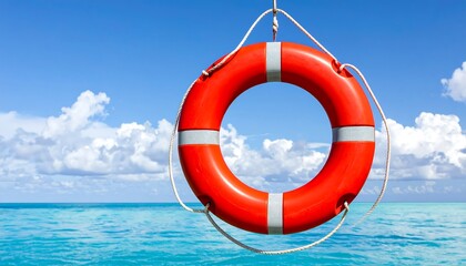 Orange life preserver hangs against a vibrant blue sky and ocean backdrop, a symbol of safety and reassurance