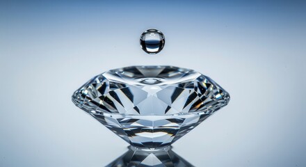 Precisely cut crystalline gemstone hovers beneath a perfectly formed falling water drop