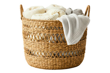 Obraz premium Woven wicker storage basket filled with cozy knit blankets isolated on a transparent background