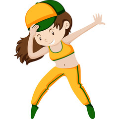 Cartoon Young Woman In Yellow Sportswear And Cap Dancing With Joy In A White Studio