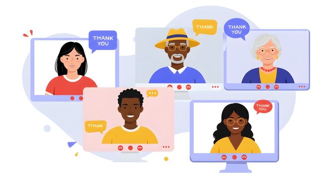 Online video conference of diverse people with thank you speech bubbles
