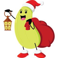 Cartoon Zucchini Character Wearing Santa Hat Holding Lantern and Gift Bag Festive Christmas Season Celebration Illustration on Transparent Background