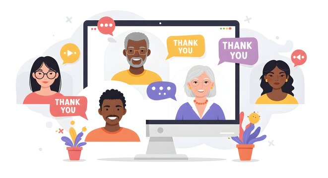 Diverse group video conference meeting on a computer screen illustration