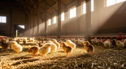 Young chicks in a sunny farm barn