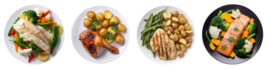 healthy meals variety, fish, chicken, and salmon dishes.