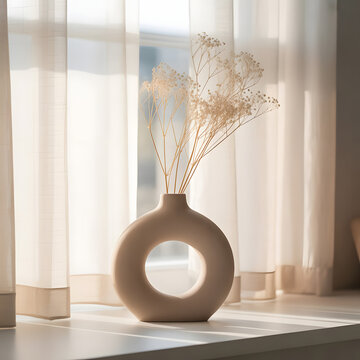 Circular Vase with Dried Flowers in Sunlight