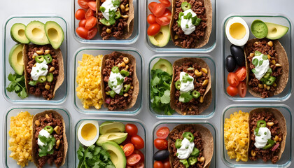 Top view of meal prep containers filled with keto tacos tomatoes avocado and other healthy food items