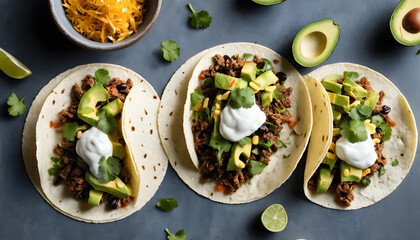 Overhead shot of three keto tacos with avocado and meat filling alongside avocado and lime wedges