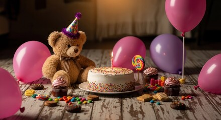 Birthday celebration scene with cake, teddy, balloons, and treats