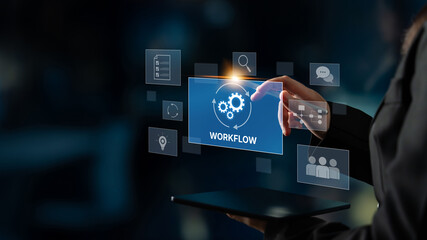 Workflow optimization concept featuring interconnected gears, task management, collaboration, process mapping, review, and automation for business productivity and efficiency Latch