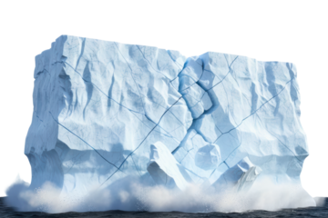 Large arctic iceberg calving and breaking into the ocean water isolated on a transparent background