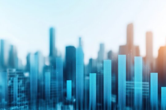 Financial bar charts overlaying abstract blurred city skyline, representing global business, investment, and economic growth