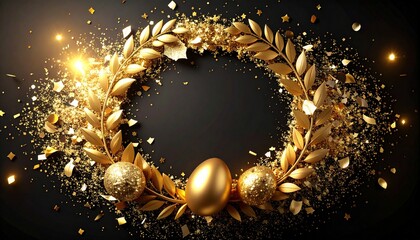 Golden Egg and Laurel Wreath Frame on Black Glitter Background　黒背景に金の卵と月桂冠の豪華なフレーム