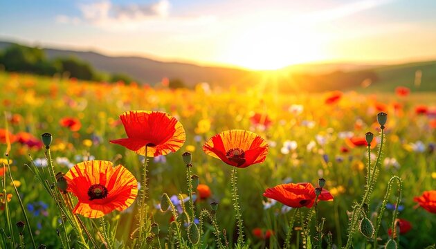 Poppy Field at Sunset: A Vibrant Landscape of Red Flowers.