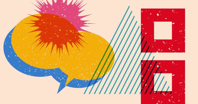 Risograph Speech Bubble with geometric shapes animation. Moving object in trendy riso graph design video.