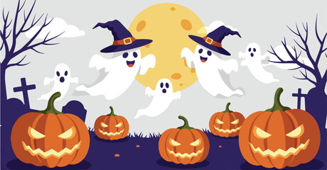 Pixel Art Halloween Ghosts Pumpkins Spooky Cemetery Moon Night Scene