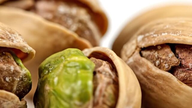 Closeup of pistachios shells partially open revealing the green nut inside and brown shell