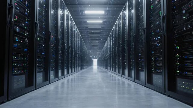 Computer Server Room With Rows Of Data Racks And Blinking Lights Creating A Technological Corridor