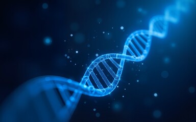 Blue glowing DNA strand with light and particles. Suitable for scientific presentations, biotechnology concepts, and genetics research visuals. Generative AI. High quality