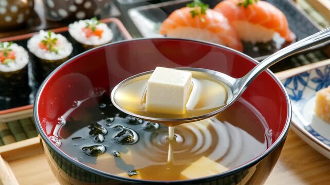 Bowl of miso soup with tofu and seaweed surrounded by sushi and sashimi on a wooden table