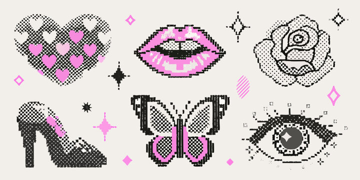 Pixelated pop art icons featuring a heart lips rose high heel shoe butterfly and eye
