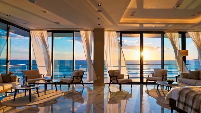 Bright and airy modern lounge with large windows overlooking the ocean at sunset