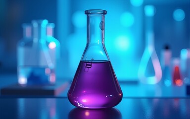 purple glass flask in blue research chemistry science banner laboratory background. High quality