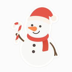 Cheerful snowman wearing red hat and scarf, holding sweet candy cane